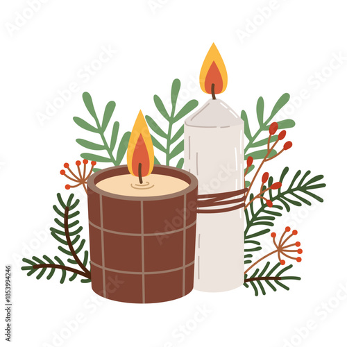 Festive candle decorated with a fir branch and cinnamon sticks. Flat-style New Year's and Christmas illustration.