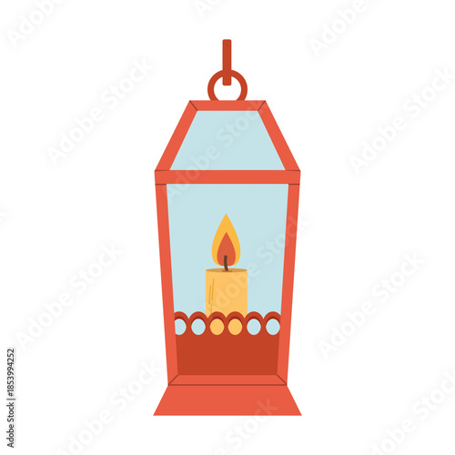 Red festive lantern with a candle. Flat style illustration.