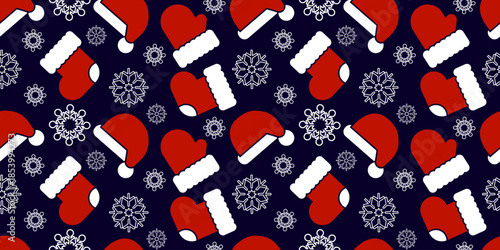 Seamless Christmas pattern with Santa hat, mitten and stocking combined with decorative snowflakes. Perfect for winter textile prints, wrapping paper and festive holiday designs