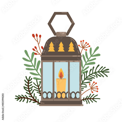 Festive lantern with a candle decorated with a spruce branch and berries. Flat style New Year's and Christmas illustration.