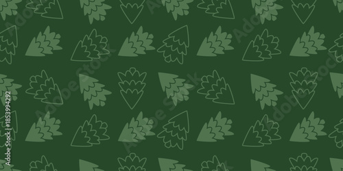 Seamless Christmas pattern combining outline and silhouette fir trees on green background. Perfect for festive fabrics, wrapping paper and modern holiday designs