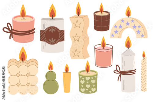 Flat lay candle set. Illustration of cozy decorative lighting elements, hand-drawn