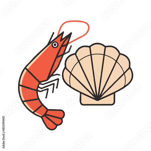 Shrimp near a shell Vector on white background