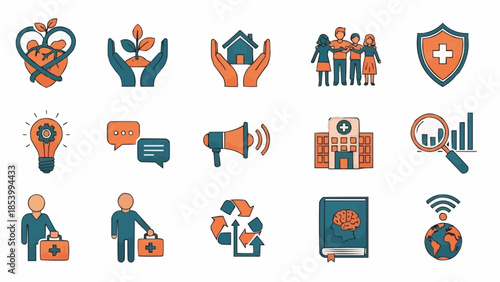 Collection of Icons Representing Healthcare and Social Services.