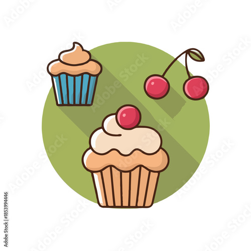 Delicious cupcakes with cherries Vector on white background