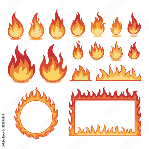 Fire, campfire, flame round and rectangular borders, isolated torch flame with burning bonfire blaze, glowing flare effects for dramatic visuals, gaming assets, movie posters, event promotions, 