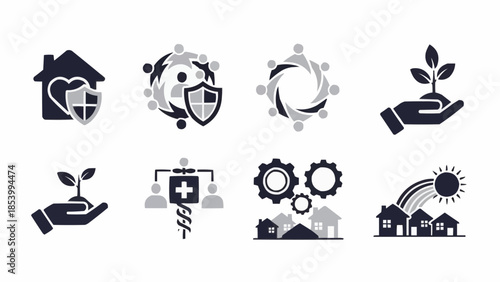 Collection of Icons Representing Community Growth and Protection.