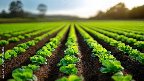 Vibrant Green Lettuce Crops in a Farm Field Under Bright Sunlight