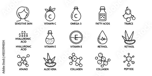  Organic Skincare Ingredient Line Icon Set with Editable Stroke for Cosmetic Labels