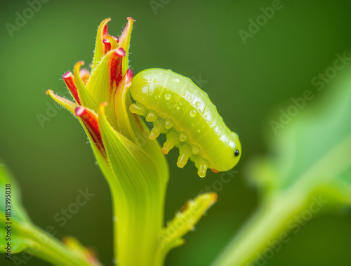 Highly detailed macro photograph of a small green caterpillar eating fresh plant leaves, highlighting nature, growth, and delicate ecosystem balance in vibrant natural colors.
