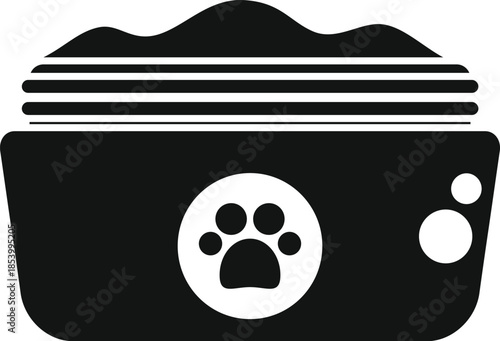 Pet food bowl containing dry kibble with a paw print logo, a black and white icon