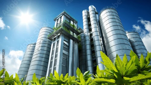 Modern industrial silos with greenery under a bright blue sky, symbolizing sustainable agriculture and innovation
