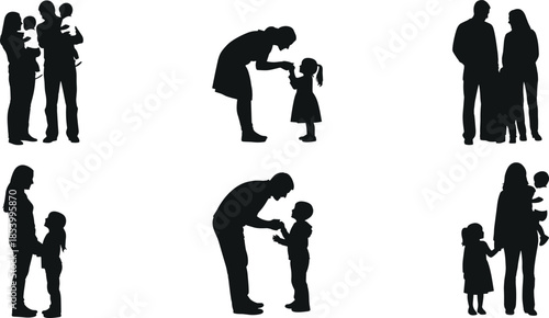 Set of family silhouettes featuring parents and children in various poses including hugging, holding hands, and carrying toddlers for parenting concepts