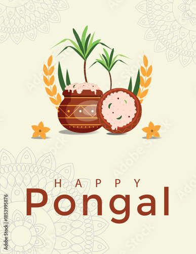 Pongal greeting banner. Indian culture harvest  celebration card for web design. Vector illustration
