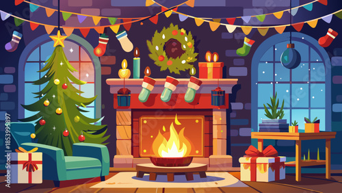 Fireplace living room decorated for Christmas with stockings, garlands, candles, and glowing fire creating a cozy winter scene