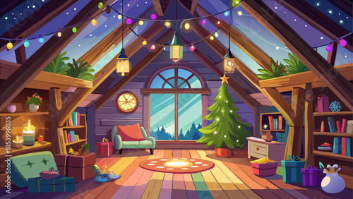 Christmas attic room with wooden beams, fairy lights, decorated tree, and magical winter holiday atmosphere