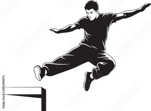 Dynamic black and white illustration of a man performing a powerful jump over an obstacle, showcasing agility and athletic movement.