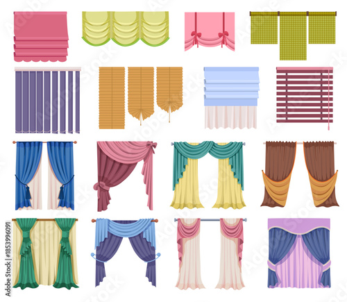 Elegant curtain and drapery for window decor in modern classic living room. Luxury fabric and stylish cornice. Flat vector illustration for home interior design, silk drape and decorative elements