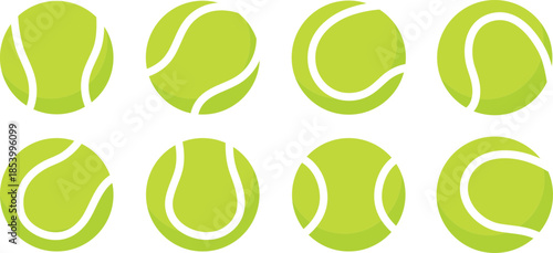 Set of tennis balls with different seam patterns. Bright green sport equipment collection for tennis game design. Flat vector illustration isolated on white background