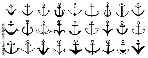 Vintage nautical anchor logo. Marine travel or boat decoration with simple line and flat silhouette for tattoo or stamp. Vector symbol naval stability and maritime antique or modern insignia