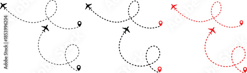 Airplane line path icon of air plane flight route dash line trace with start point. Airplane flight path with destination pin. airplane travel line path with map pins Transparent png and vector illust