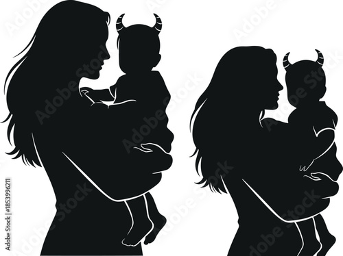 Silhouette of a mother holding her baby with devil horns representing parenting challenges naughty child and maternal love conceptual vector