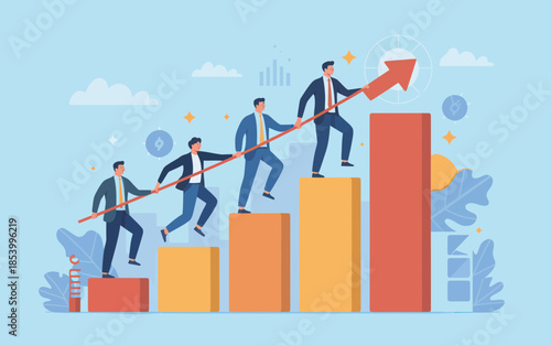 Business team climbing success bar graph