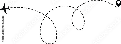Airplane line path icon of air plane flight route dash line trace with start point. Airplane flight path with destination pin. airplane travel line path with map pins Transparent png and vector illust