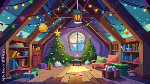 Christmas attic room with wooden beams, fairy lights, decorated tree, and magical winter holiday atmosphere