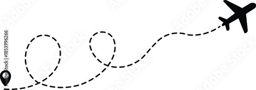 Airplane line path icon of air plane flight route dash line trace with start point. Airplane flight path with destination pin. airplane travel line path with map pins Transparent png and vector illust