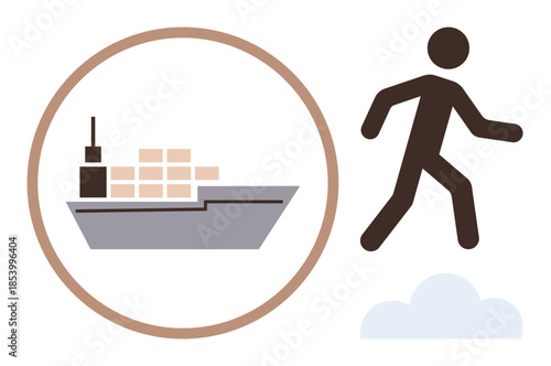 Cargo ship with stacked containers enclosed in a circle alongside walking figure, symbolizing transportation, global trade, logistics, commerce, supply chain, progress, and connectivity in simple