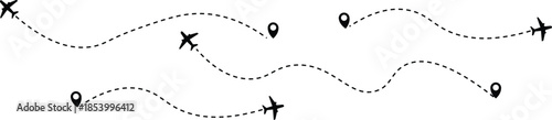 Airplane flight path with destination pin. Plane paths. Aircraft tracking, planes, travel, map pins, location pins .start point line trace and plane routes. Transparent png and vector illustration
