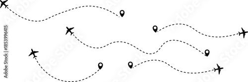 Airplane flight path with destination pin. Plane paths. Aircraft tracking, planes, travel, map pins, location pins .start point line trace and plane routes. Transparent png and vector illustration
