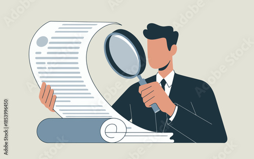 Businessman examining document with magnifying glass