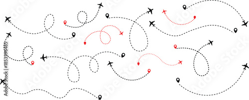 Airplane flight path with destination pin. Plane paths. Aircraft tracking, planes, travel, map pins, location pins .start point line trace and plane routes. Transparent png and vector illustration
