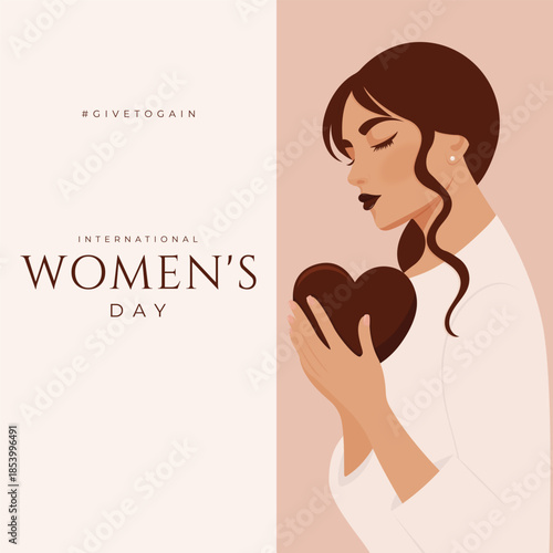 International womens day greeting card with beautiful woman holding heart symbol for march 8 celebration flat vector illustration.