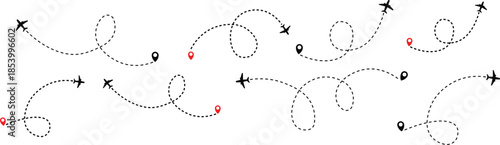 Airplane Plane routes line set. Simple airplane travel line path with map pins. Airplane dashed route path. Airplane flight path with destination pin
