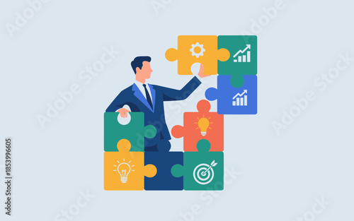 Businessman solving puzzle with strategy icons
