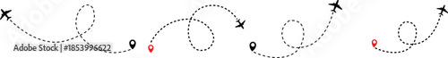 Airplane Plane routes line set. Simple airplane travel line path with map pins. Airplane dashed route path. Airplane flight path with destination pin
