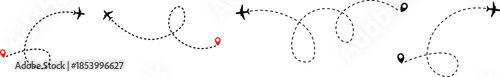 Airplane Plane routes line set. Simple airplane travel line path with map pins. Airplane dashed route path. Airplane flight path with destination pin
