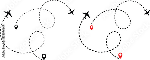 Airplane Plane routes line set. Simple airplane travel line path with map pins. Airplane dashed route path. Airplane flight path with destination pin
