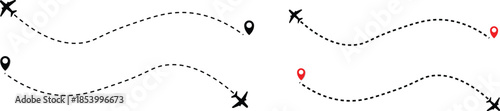 Airplane Plane routes line set. Simple airplane travel line path with map pins. Airplane dashed route path. Airplane flight path with destination pin
