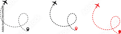 Airplane Plane routes line set. Simple airplane travel line path with map pins. Airplane dashed route path. Airplane flight path with destination pin
