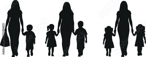 Silhouettes of mothers walking and holding hands with young children and toddlers in various family compositions on a white background