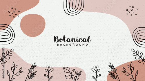  Simple nature banner featuring hand drawn botanical line art with abstract earthy organic shapes and grunge texture.