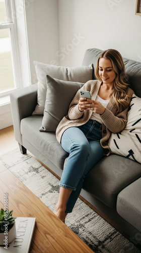 Young Woman Relaxing and Engaging with Smartphone on a Cozy Sofa at Home