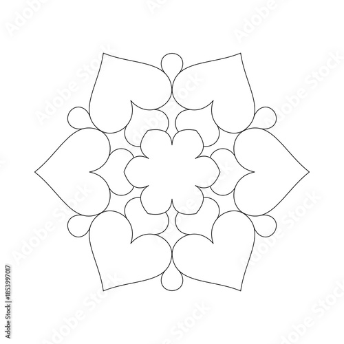 Therapy mandala vector. Minimalist heart love symbol white flower on white background in clean black line. Easy coloring for kids, beginners, cute logo & card design.
