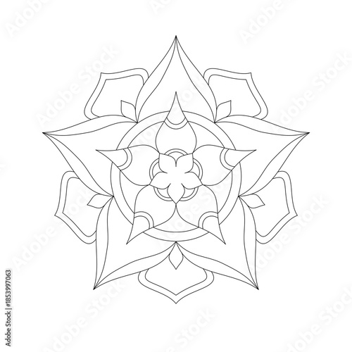 Therapy mandala vector. Geometric five-pointed star pattern in clean black line. Easy coloring for elderly, beginners, modern logo & card.