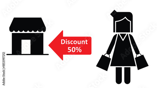 A visual representation of a customer receiving a 50% discount from a store, symbolizing retail promotions and shopping savings.