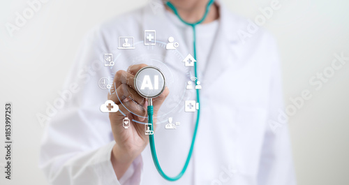 Doctor uses stethoscope highlighting AI medical technology concept for smart healthcare diagnosis data analysis and digital health innovation in modern hospital environment